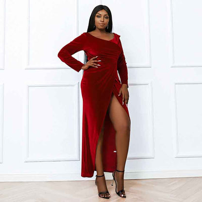 Women Plus Size Red Velvet Prom Long Sleeves Maxi Evening Dress