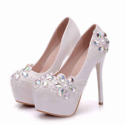 Women's Wedding Shoes Chunky Heel Lace Pumps with Rhinestone Bridal Shoes