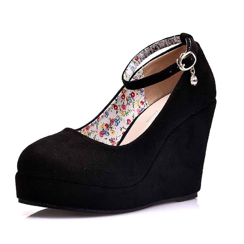 Women Ankle Strap Platform Wedge Shoes Black Red Color Wedges