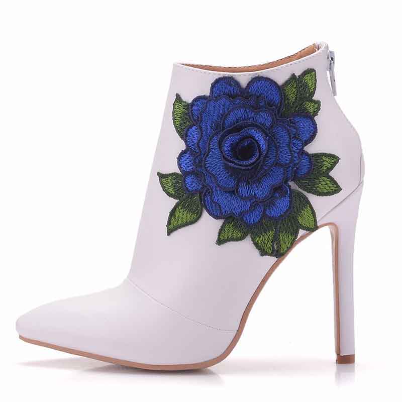 Women's Pointed Toe Ankle Boots White Embroidered Blue Rose Floral Boots