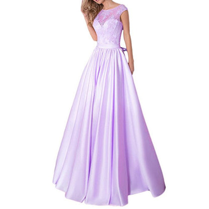 Lace A Line Bridesmaid Dress Cap Sleeve Satin Wedding Guest Dress Prom Gowns