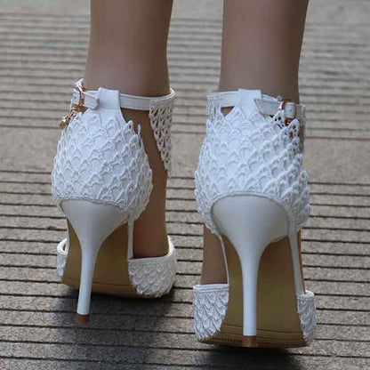 Women High Heels White Lace Wedding Shoes Pointed Toe Bridal Shoes