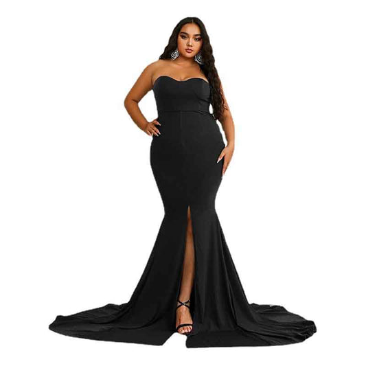 Women Plus Size Strapless Slit Front Wedding Evening Party Maxi Dress