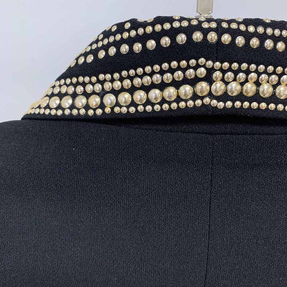 Womens Black Metal Coat Double Breasted Lion Button Blazer with Belt Outwear