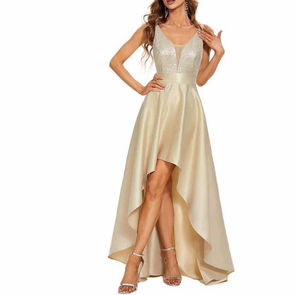 Women's V-Neck A-line High-Low Party Dress Long Evening Dress Bridesmaid Dress