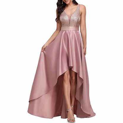 Women's V-Neck A-line High-Low Party Dress Long Evening Dress Bridesmaid Dress