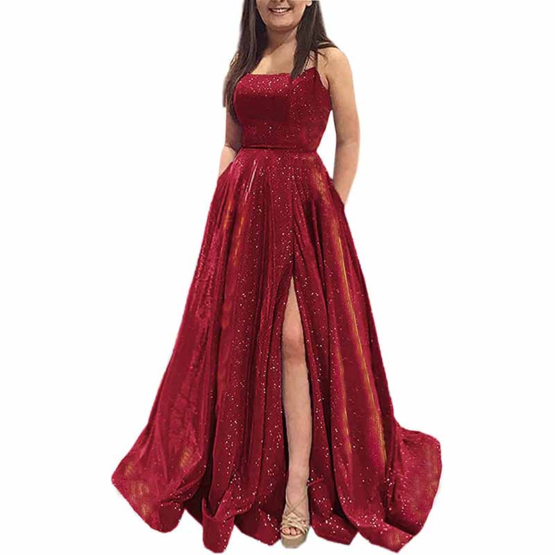 Prom Dresses Glitter Long A Line with Pockets Formal Evening Ball Gowns