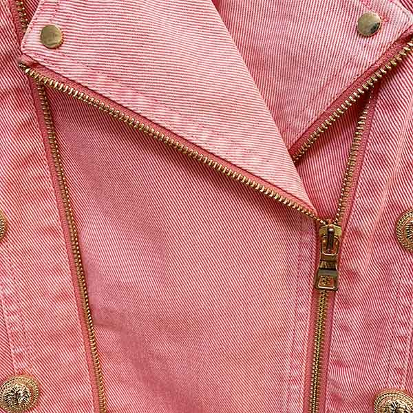 Women's Golden Lion Buttons Belted Denim Biker Jacket Coat Pink