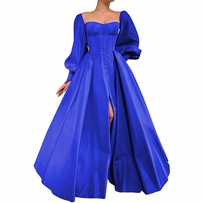 Long Puffy Sleeve Prom Dresses Ball Gown Satin Formal Party Wedding Evening Dress