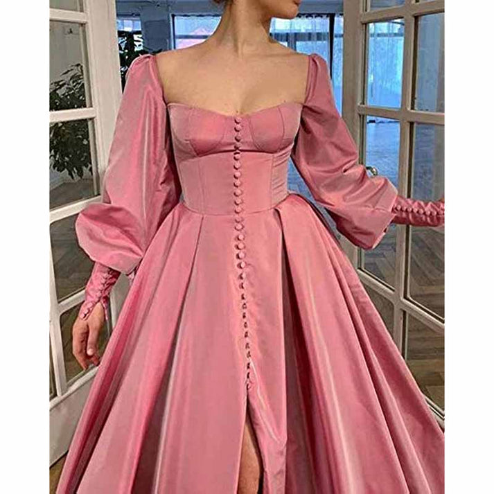 Coffee satin prom dress long Short puffy sleeve ball gown Square neck Fairy formal dress  Y4962