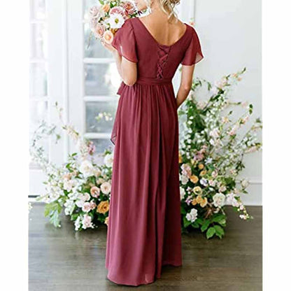 Women's Short Sleeve Bridesmaid Dresses Lace Up Chiffon Formal Dresses