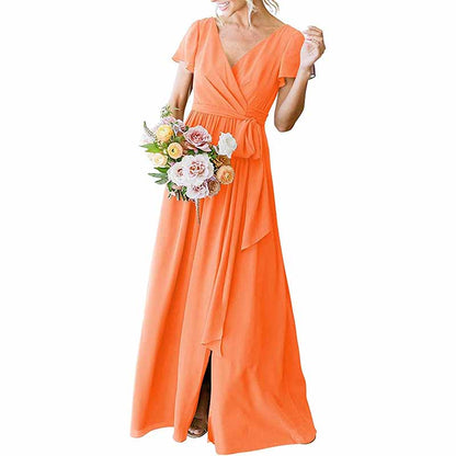 Women's Short Sleeve Bridesmaid Dresses Lace Up Chiffon Formal Dresses