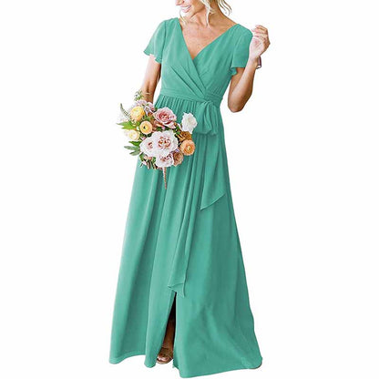 Women's Short Sleeve Bridesmaid Dresses Lace Up Chiffon Formal Dresses