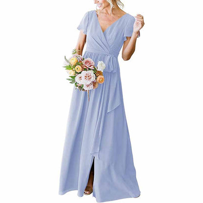 Women's Short Sleeve Bridesmaid Dresses Lace Up Chiffon Formal Dresses