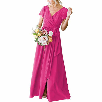 Women's Short Sleeve Bridesmaid Dresses Lace Up Chiffon Formal Dresses