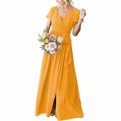 Women's Short Sleeve Bridesmaid Dresses Lace Up Chiffon Formal Dresses