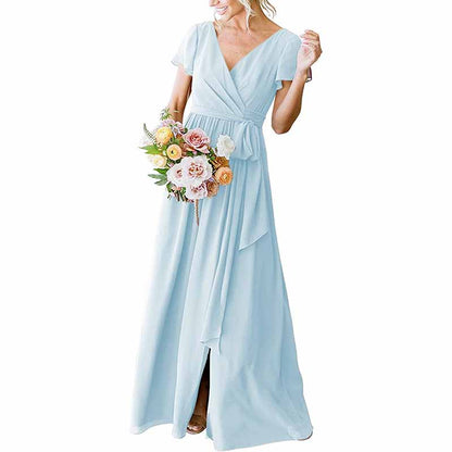 Women's Short Sleeve Bridesmaid Dresses Lace Up Chiffon Formal Dresses