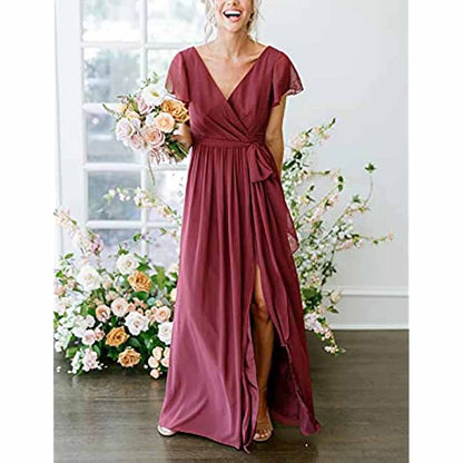 Women's Short Sleeve Bridesmaid Dresses Lace Up Chiffon Formal Dresses