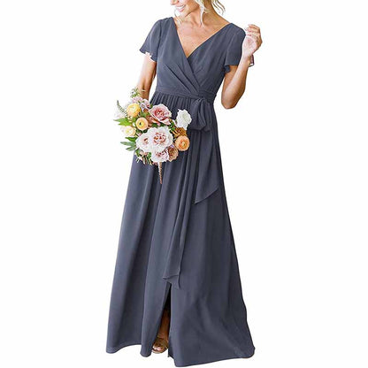 Women's Short Sleeve Bridesmaid Dresses Lace Up Chiffon Formal Dresses