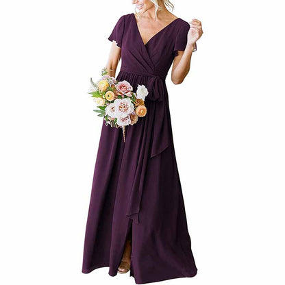Women's Short Sleeve Bridesmaid Dresses Lace Up Chiffon Formal Dresses