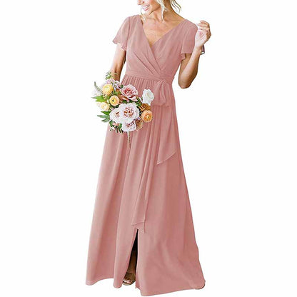 Women's Short Sleeve Bridesmaid Dresses Lace Up Chiffon Formal Dresses