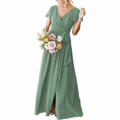 Women's Short Sleeve Bridesmaid Dresses Lace Up Chiffon Formal Dresses