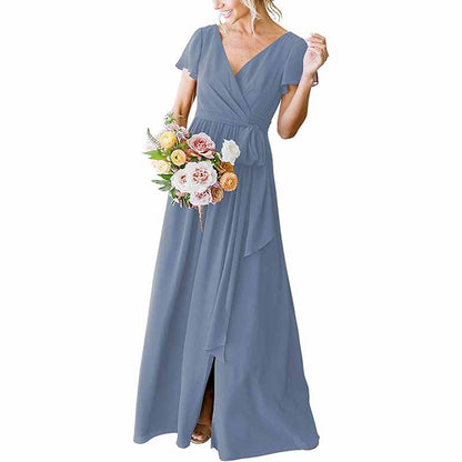 Women's Short Sleeve Bridesmaid Dresses Lace Up Chiffon Formal Dresses