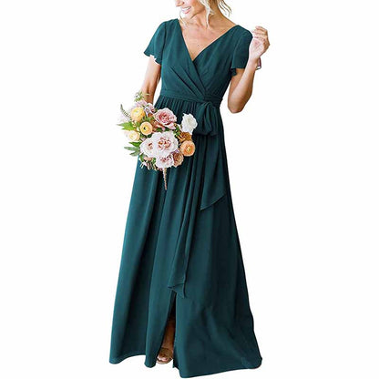 Women's Short Sleeve Bridesmaid Dresses Lace Up Chiffon Formal Dresses