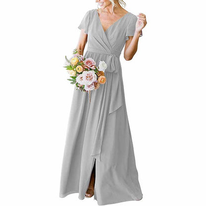 Women's Short Sleeve Bridesmaid Dresses Lace Up Chiffon Formal Dresses