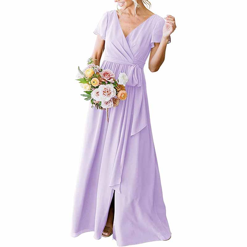 Women's Short Sleeve Bridesmaid Dresses Lace Up Chiffon Formal Dresses
