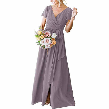 Women's Short Sleeve Bridesmaid Dresses Lace Up Chiffon Formal Dresses