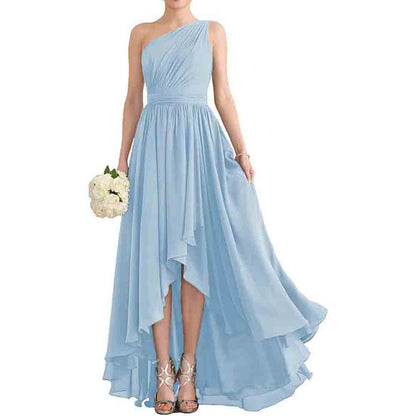 Women's One Shoulder Bridesmaid Dresses High Low Chiffon Evening Formal Gown with Pockets