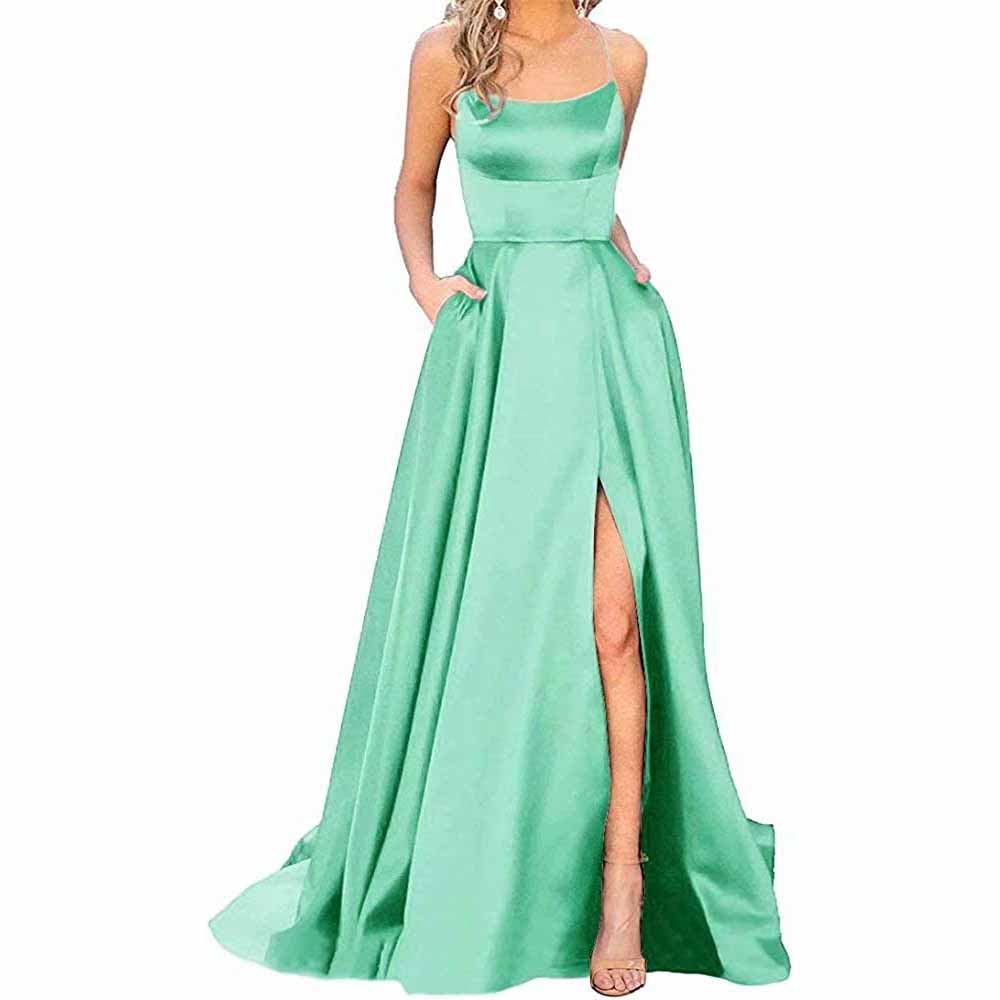 Halter Satin Bridesmaid Dress Long Side Spilt Backless Satin Formal Pr ...