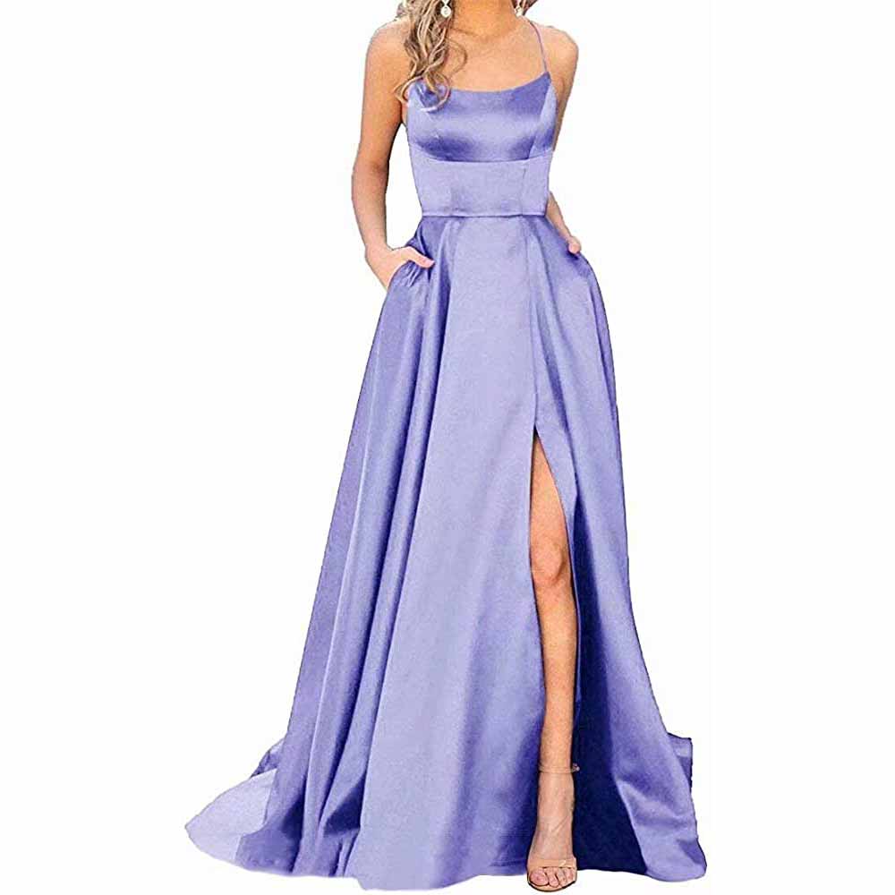 satin lavender prom dress