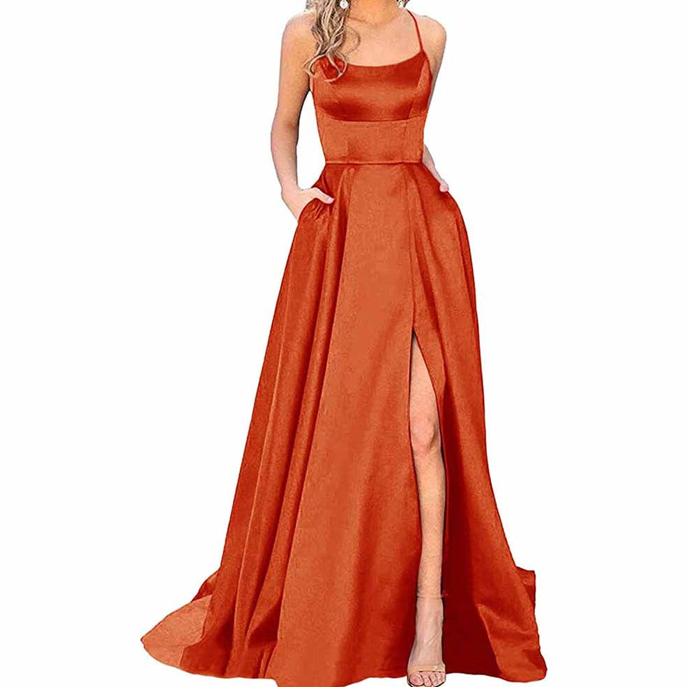 rust satin prom dress