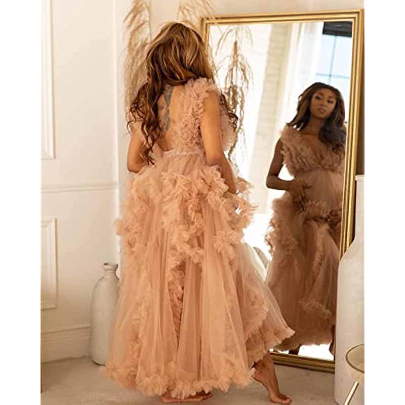 Ladies Gown Perspective Sheer Long Robe Puffy Tulle Robe Maxi Pregnancy Dresses for Photoshoot