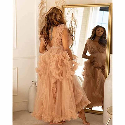 Ladies Gown Sheer Long Robe Puffy Tulle Robe Maxi Pregnancy Dresses