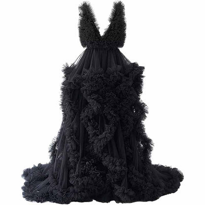 Ladies Gown Sheer Long Robe Puffy Tulle Robe Maxi Pregnancy Dresses