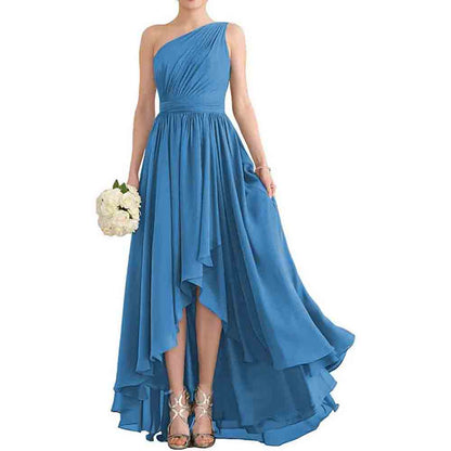 Women's One Shoulder Bridesmaid Dresses High Low Chiffon Evening Formal Gown with Pockets