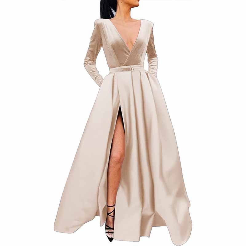 Women Long Sleeve Satin Formal Evening Dress with Pockets Prom Ball Gown