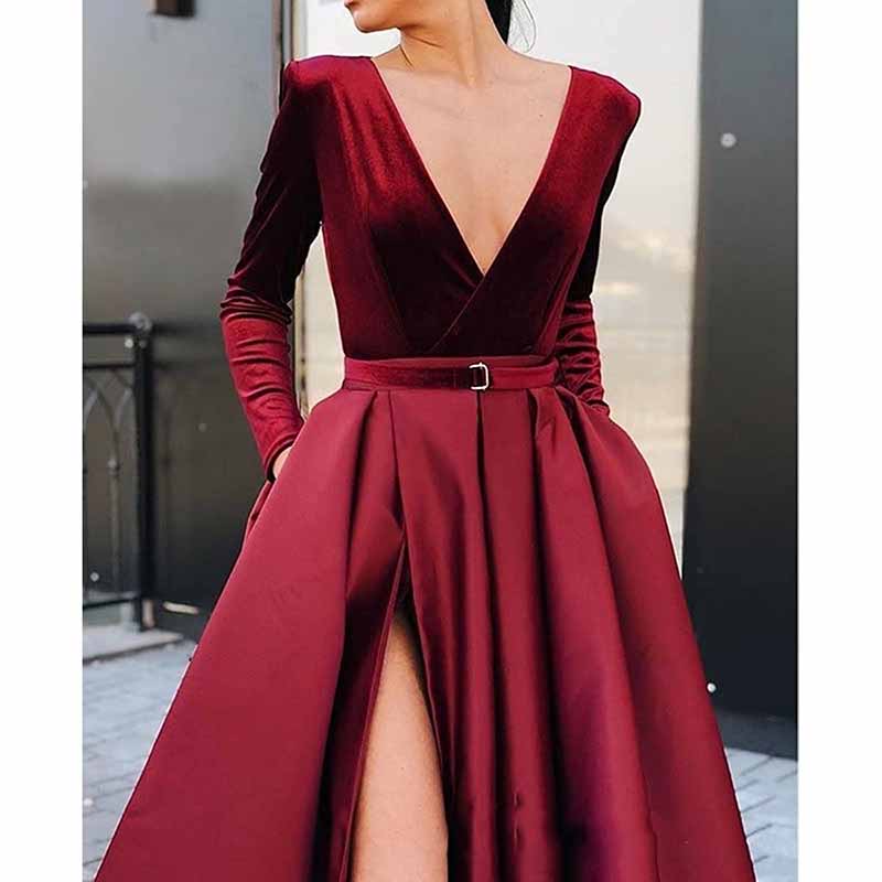 Women Long Sleeve Satin Formal Evening Dress with Pockets Prom Ball Gown