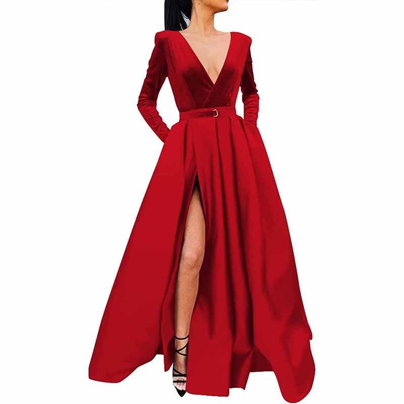 Women Long Sleeve Satin Formal Evening Dress with Pockets Prom Ball Gown