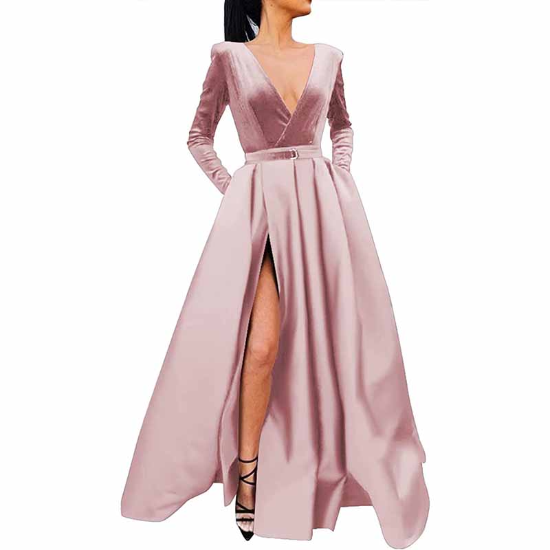 Women Long Sleeve Satin Formal Evening Dress with Pockets Prom Ball Gown