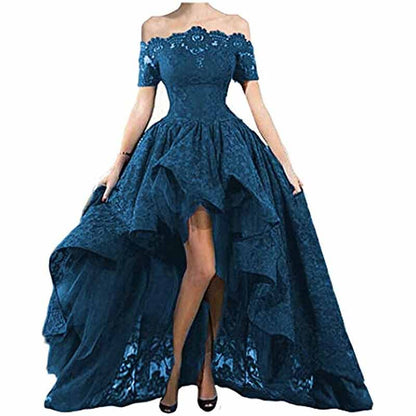 Women's Off Shoulder Prom Dresses High Low Puffy Formal Lace Evening Ball Gowns