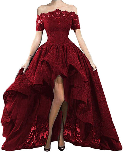 Women's Off Shoulder Prom Dresses High Low Puffy Formal Lace Evening Ball Gowns