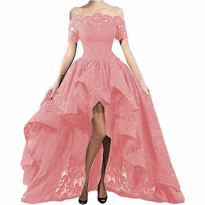 Women's Off Shoulder Prom Dresses High Low Puffy Formal Lace Evening Ball Gowns