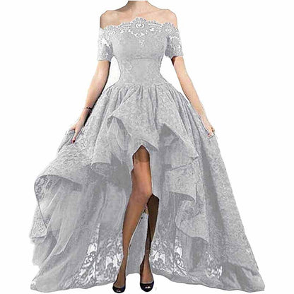 Women's Off Shoulder Prom Dresses High Low Puffy Formal Lace Evening Ball Gowns