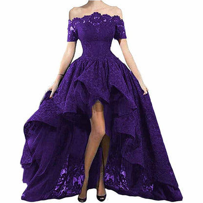 Women's Off Shoulder Prom Dresses High Low Puffy Formal Lace Evening Ball Gowns