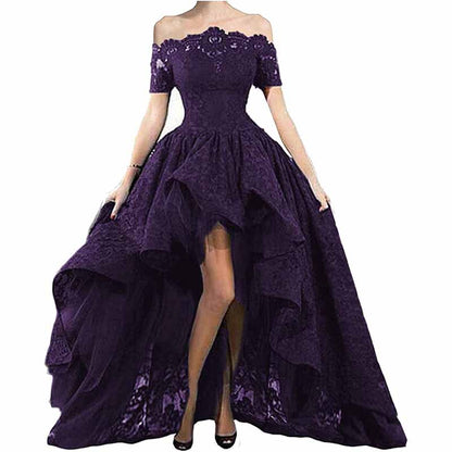 Women's Off Shoulder Prom Dresses High Low Puffy Formal Lace Evening Ball Gowns