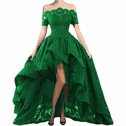 Women's Off Shoulder Prom Dresses High Low Puffy Formal Lace Evening Ball Gowns